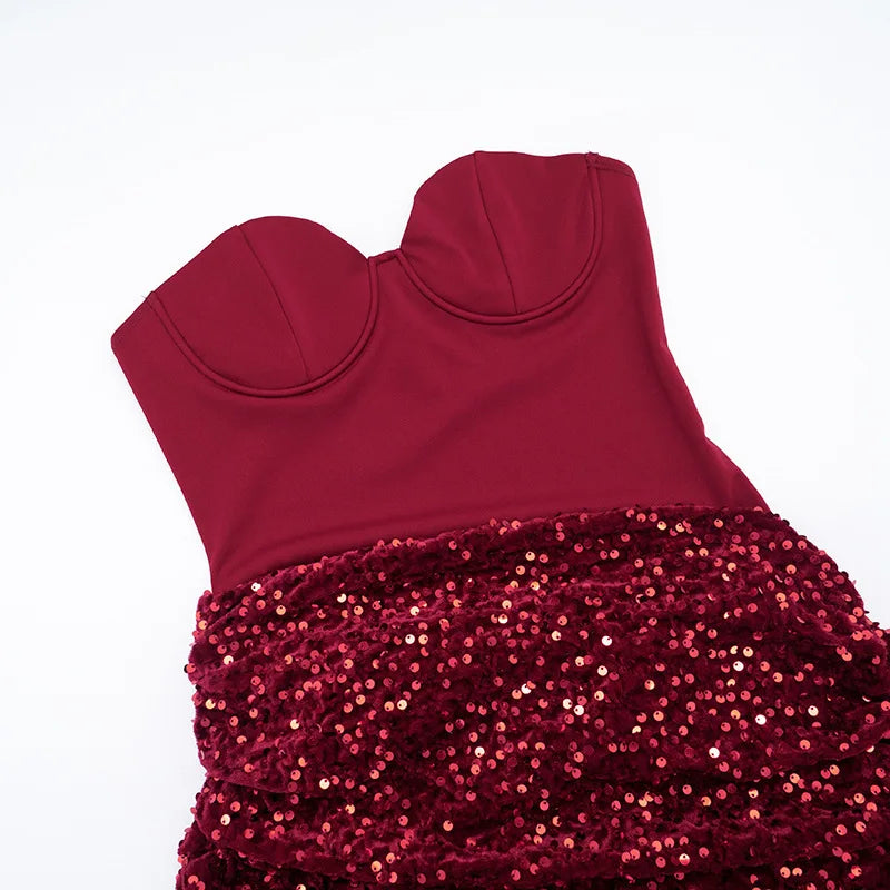 Pleated Slim Bodycon Dress Women Strapless Mini 2026 Spring Summer Dress Sequin Evening Nightclub Sexy Party Dresses