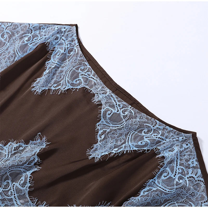 Elegant Lace Patchwork Long Women's Dress Urban Skew-collar Short Sleeve Empire Female Dresses 2026 Summer Vacation Lady Robe