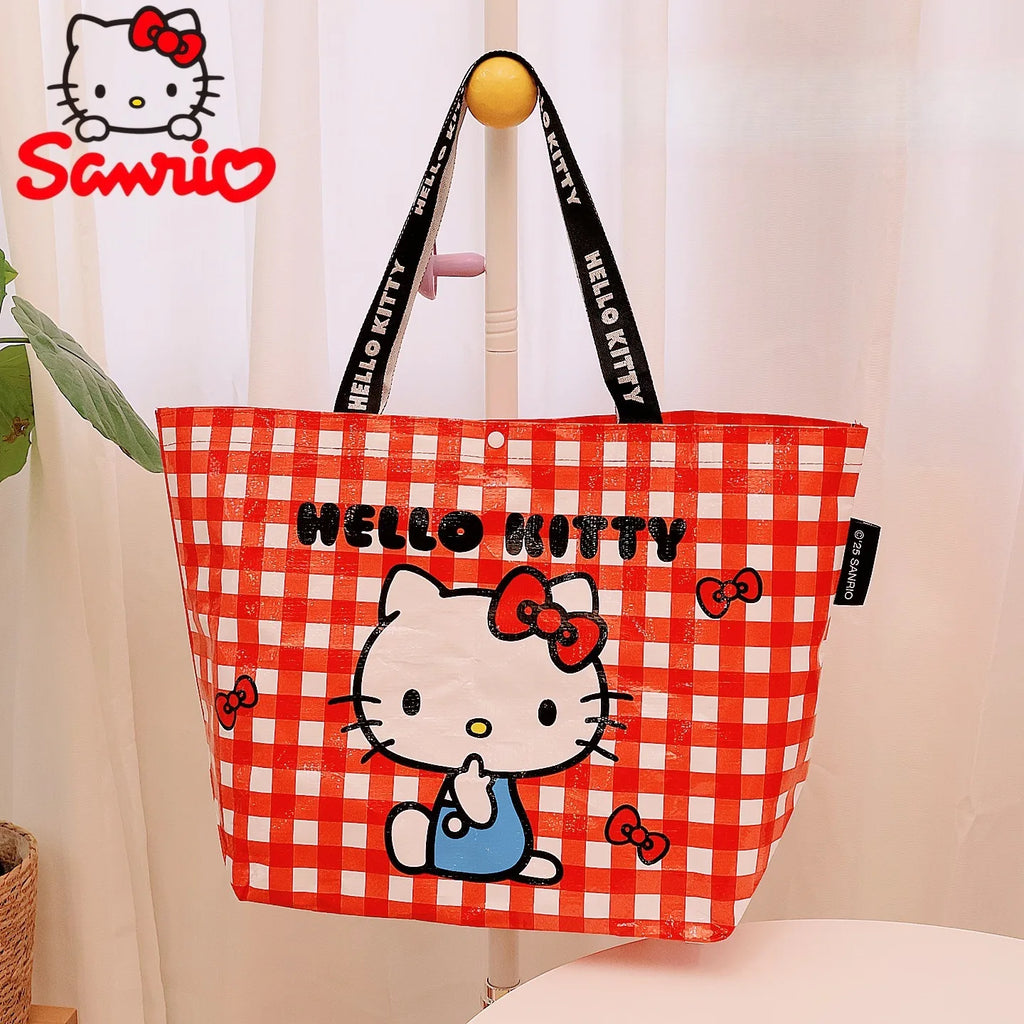 Leopard Print Hello Kitty Eco-Friendly Woven Large Capacity Storage Bag Officially Licensed Cartoon Plaid Waterproof Tote Bag Fo