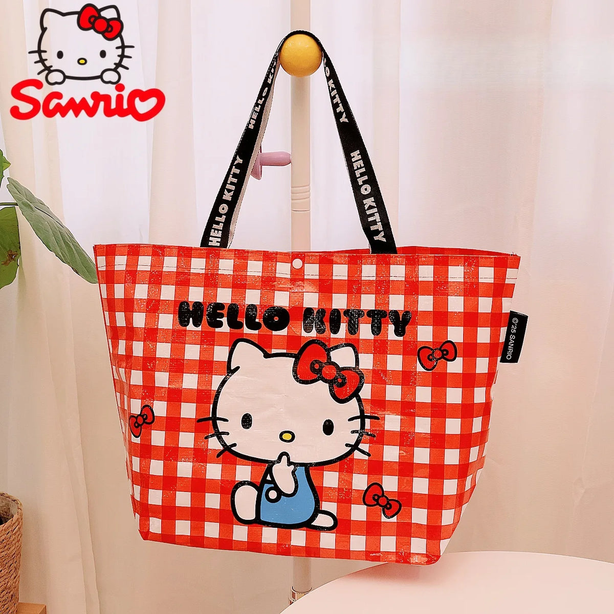 Leopard Print Hello Kitty Eco-Friendly Woven Large Capacity Storage Bag Officially Licensed Cartoon Plaid Waterproof Tote Bag Fo