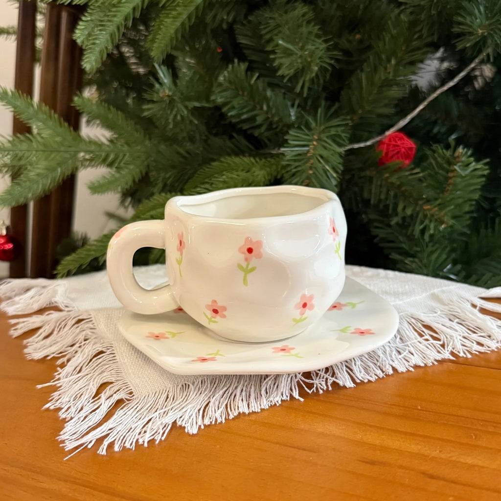 ins style retro flower ceramic cups and saucers, hand-squeezed irregular coffee cups and saucers, afternoon tea cups and saucers