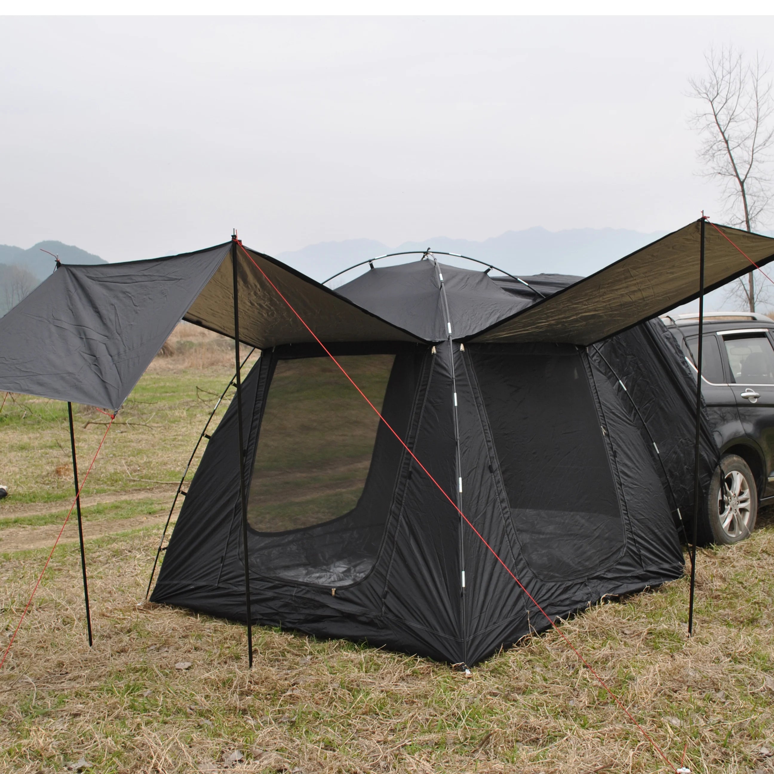 6-Person Size Car Rear Tent with Four Large Window Car Tailgate Tent Back SUV Tent with Large Awning, 6 Person Trunk Tent