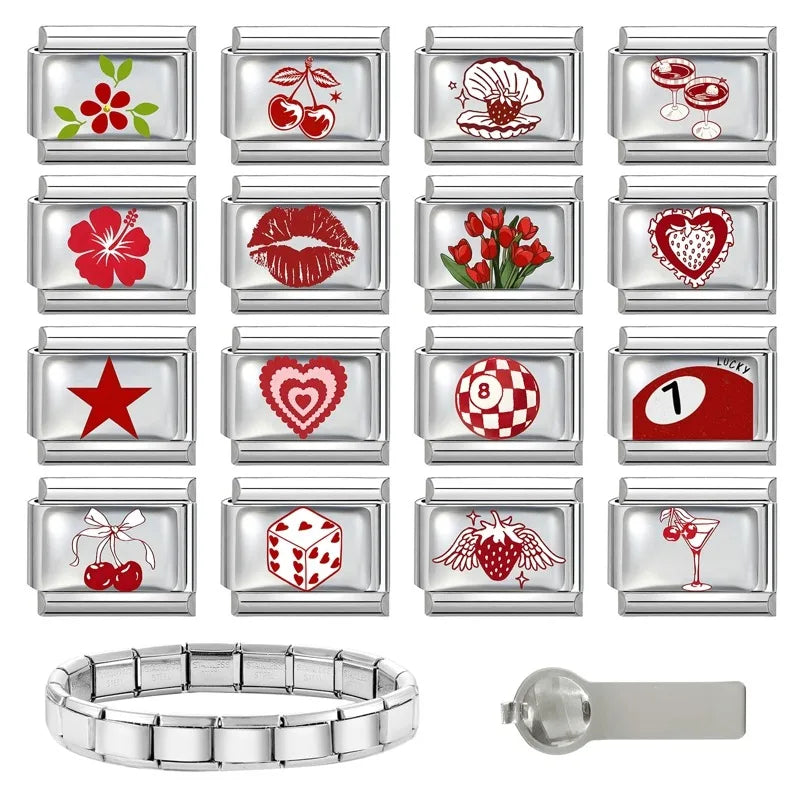 Fashion Red Series Heart Flower Bowknot Cherry Women Men Charm Link fit 9mm Stainless Steel Italian Bracelet Making DIY Jewelry