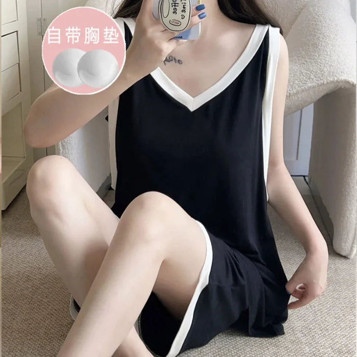 Women Sleeveless Summer Casual 2/pce Set Girls Spaghetti Strap Vest Shorts Outfit Lady Color Blocked Bra Pad Fashion Loungewear