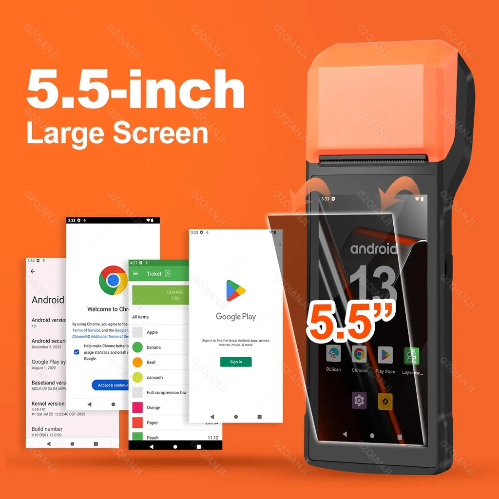 Handheld POS Android 13 Bluetooth Wifi, 2D Barcode Scanner optional, Built-in 58MM Thermal Receipt Printer For Business,Store