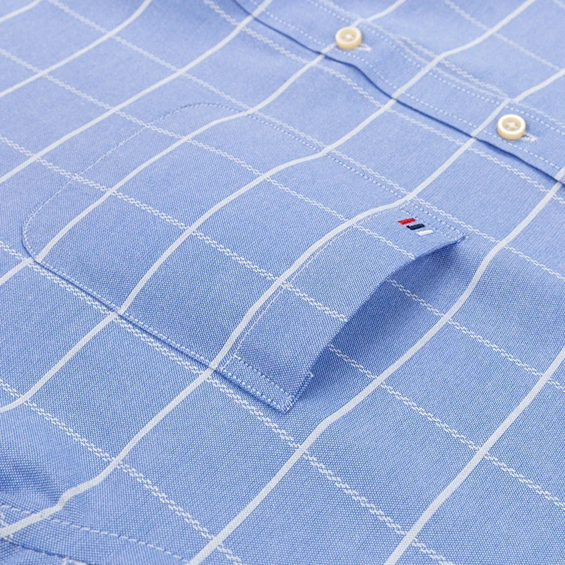 2025 100% Pure Cotton Men's Oxford Short Sleeve Square Collar Soild Plaid Striped Summer Casual Shirts Single Pocket  Shirt