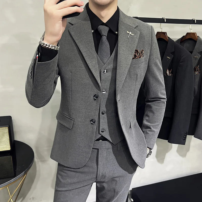 Blazer Vest Pants Men's Navy Blue Suit Set Slim Fit Blazer Vest Pants Formal Outfit for Business Wedding Office Groom Party