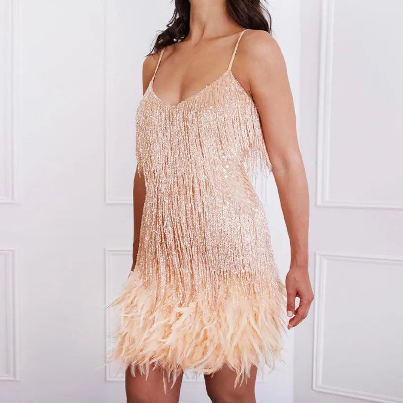 Sequin Fringe Dress Women V Neck Slip Party Gown Feather Trim Birthday Glam