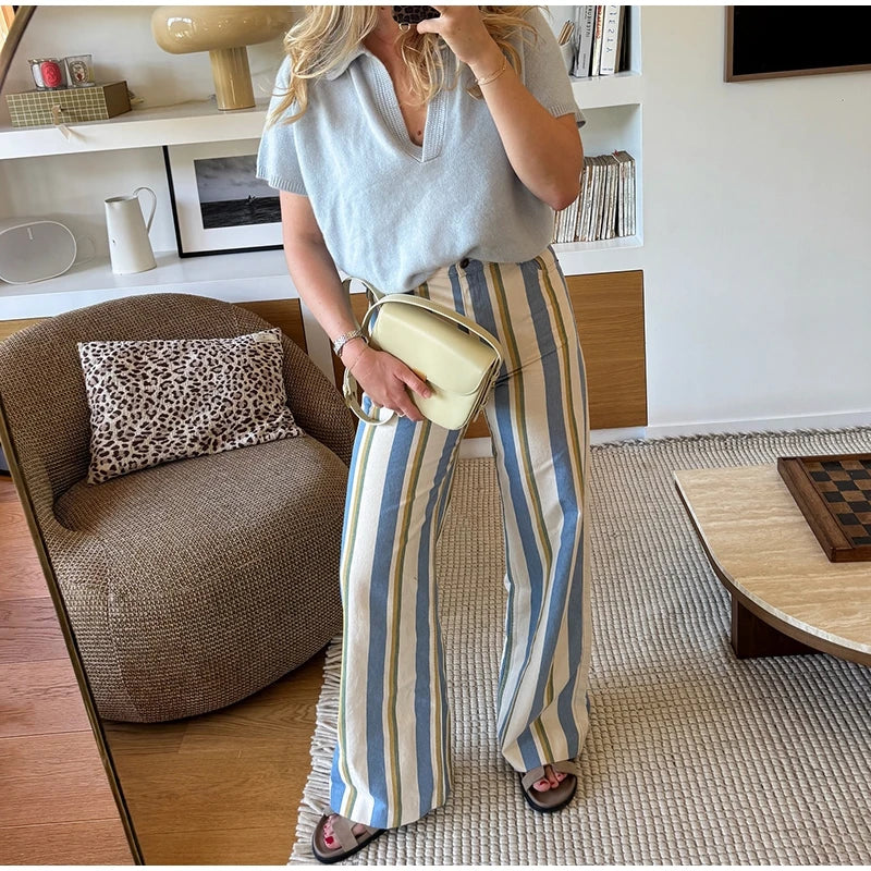 Street Fashion Stripe Women's Pants Zipper Button Pocket Wide Leg Multicolor Vertical Pants 2026 Spring Summer Lady Trousers