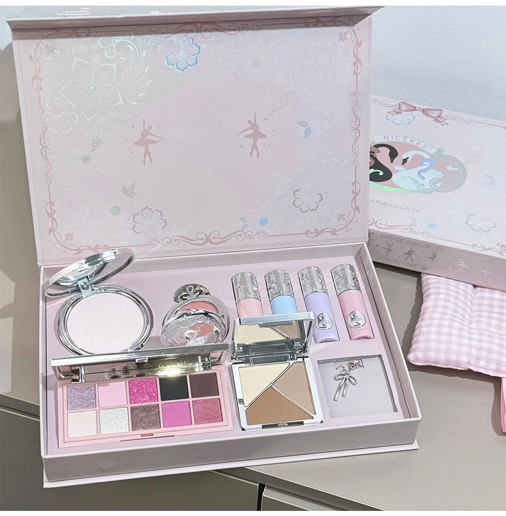 NICEKEY Multipurpose Makeup Sets Include 4 Lip Mud,1 Blush,1 Pressed Powder,1 Eyes Palette,1 Contour Palette With Necklace Gift