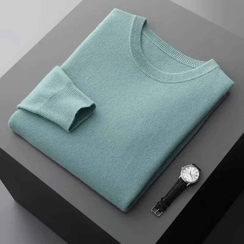 100% wool men's round neck solid color loose knit cashmere pullover for business and leisure, keeping warm in autumn and winter