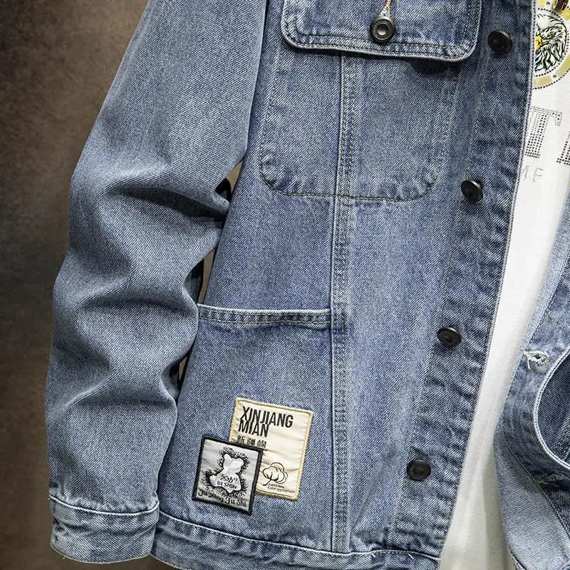 American Stylish blue/black Vintage Denim Jacket for Man Loose-fitting Workwear Jacket Men's Autumn-winter Top