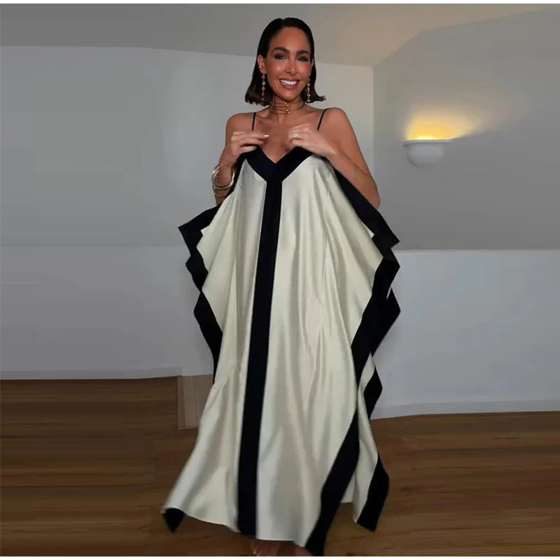 Contrast Black Trim Satin Cami Maxi Dress Deep V Neck Loose Flowy Ruffle Hem Lady Long Gown 2026 Summer Formal Vacation Dresses