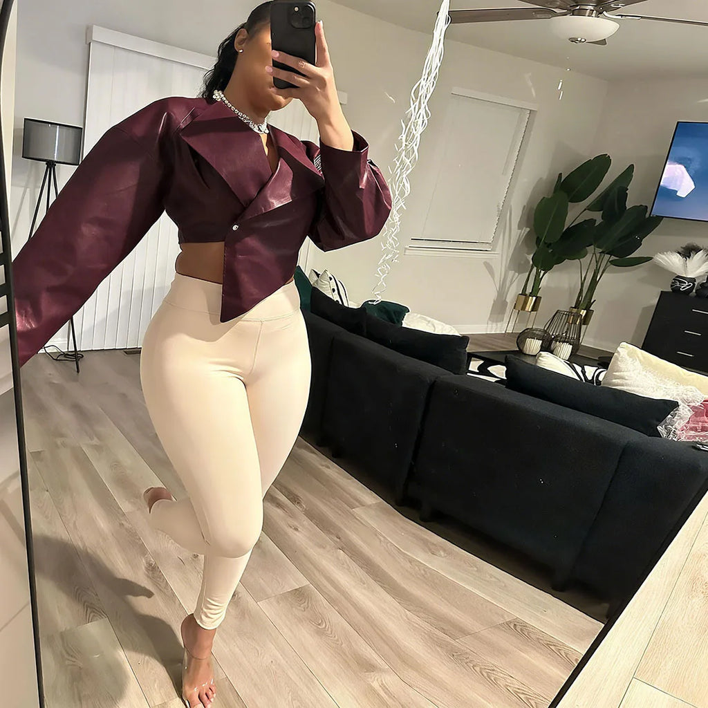 Joskaa 2025 Fall Women's PU Leather Jackets Fashion Solid Lapel Full Sleeve Slim Irregular Crop Coats Outerwear Y2K Streetwear