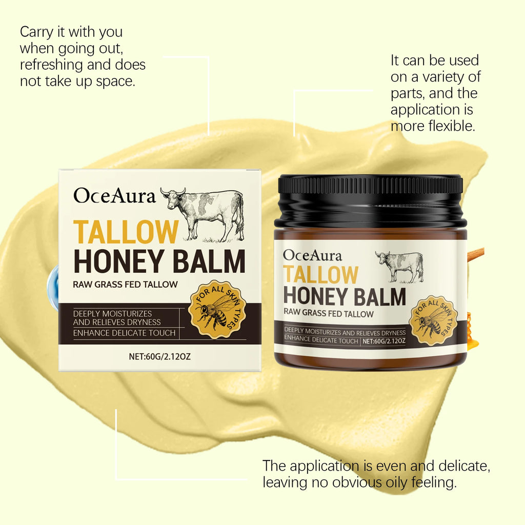 OCEAURA Organic Beef Tallow Honey Balm Lock Moisture Soften Rough Skin Smoother Texture Natural Formula Face Body Moisturizer