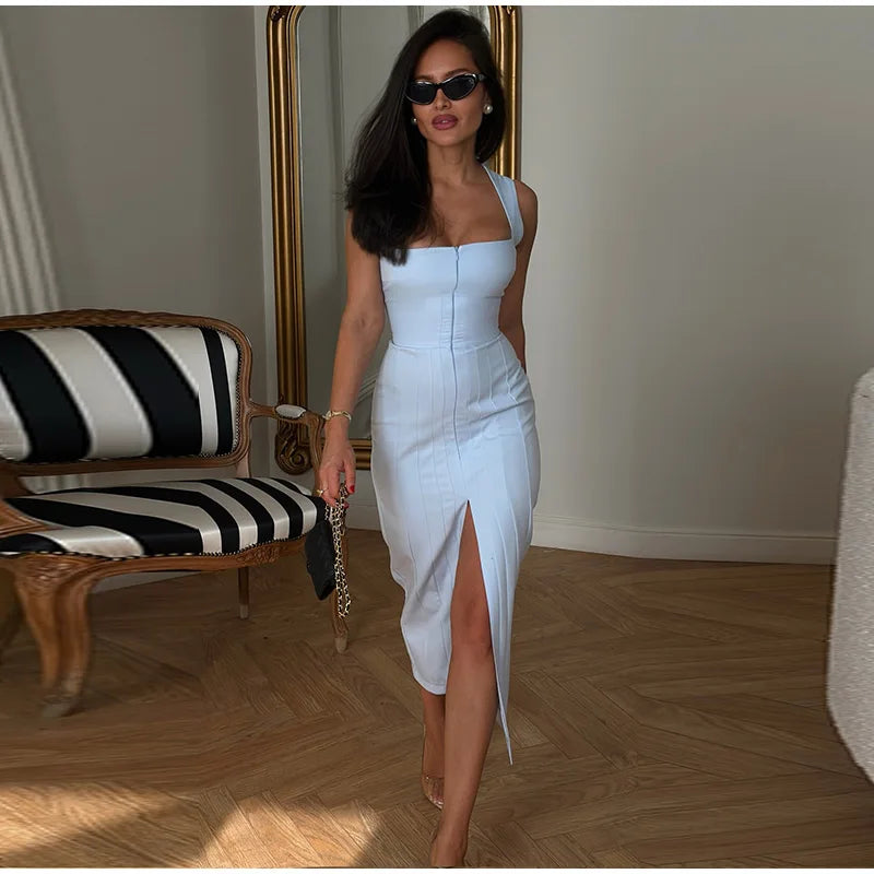 Camisole Women's Dress U Neck Zipper Dress Fitted Waist Split Long Dress Elegant Stylish Wear Date Party Outfit