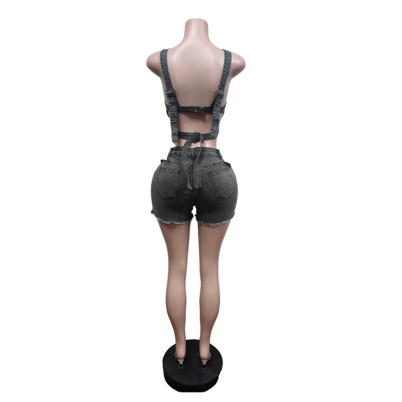 Fashion Denim Cutout Women's Set Wrap Strap Crop Top and Shorts Jeans 2026 Summer Two 2 Piece Sets Outfits Tracksuit