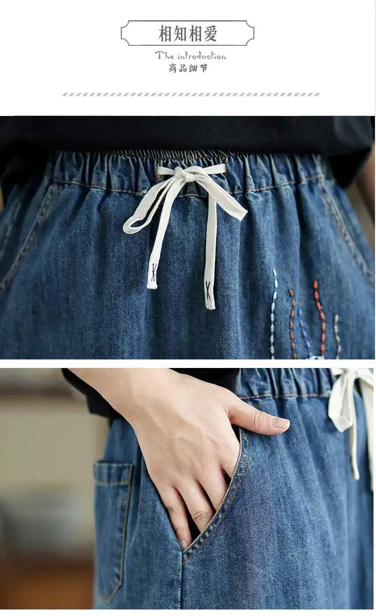 2026 Women's Denim Skirts Retro Cartoon Animal Embroidery Casual Half Skirts Spring Summer High Waist Fashion Loose Midi Skirts