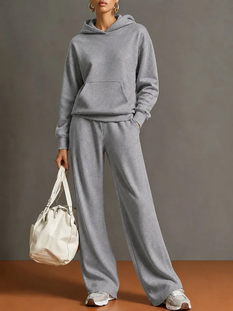 Autumn Fashion Warm Hoodie Sweatshirts Two Pieces Over Sized Solid Casual Hood Pullovers Long Pant Sets Women's Tracksuit Suit
