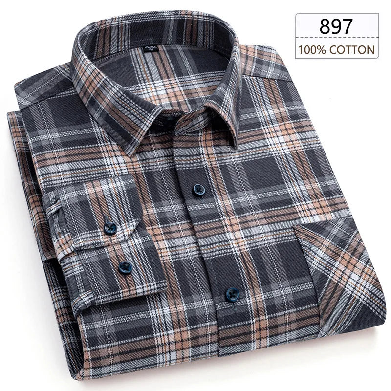 Men's Winter Chic Long Sleeve Shirt Cotton Flannel Plaid Button-Up Comfortable Warm Top for Business Casual Dress Shirts New