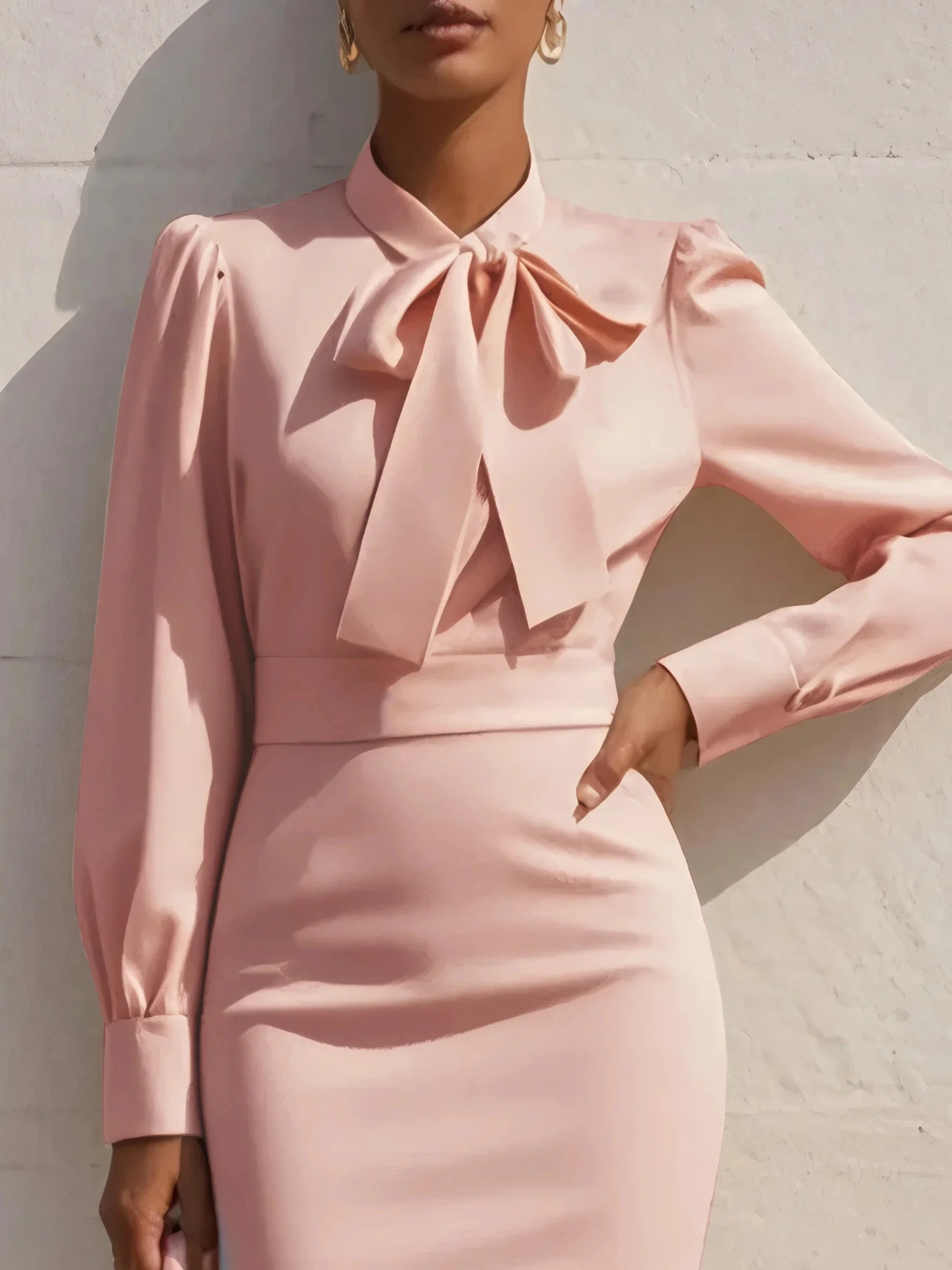 Women's Solid Color Bow Neck Long Sleeve Waisted Midi Dress