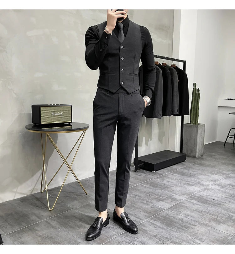 Blazer Vest Pants Men's Navy Blue Suit Set Slim Fit Blazer Vest Pants Formal Outfit for Business Wedding Office Groom Party