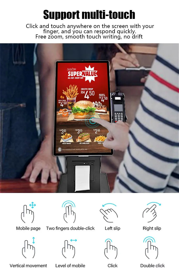 Desktop vertical 15.6 21.5 touchscreen POS end point self checkout kiosk with printer QR code scanner