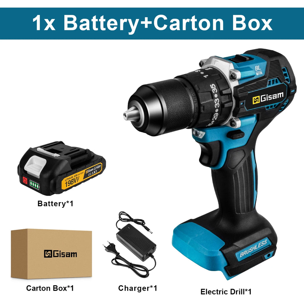 Gisam 13mm 35+3 Torque Brushless Electric Impact Drill Cordless Drill Electric Screwdriver Power Tool For Makita 18V Battery Pin
