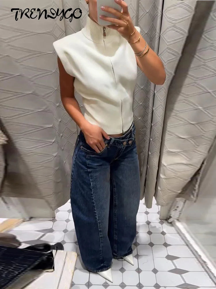 Women's Knitwear Half Turtleneck Double Zipper Knitted Vest Autumn Female Sleeveless Waist Cinching Solid Slim Cardigan New Tops