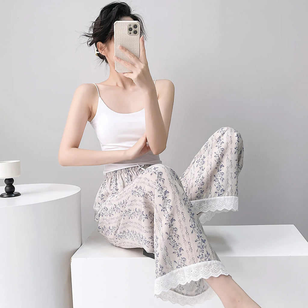 Women Pajama Printed Loose Night Bottoms Viscose Pants Female Outwear Pants Loungewear Home Pants 2026 New Summer Sleeping Wear