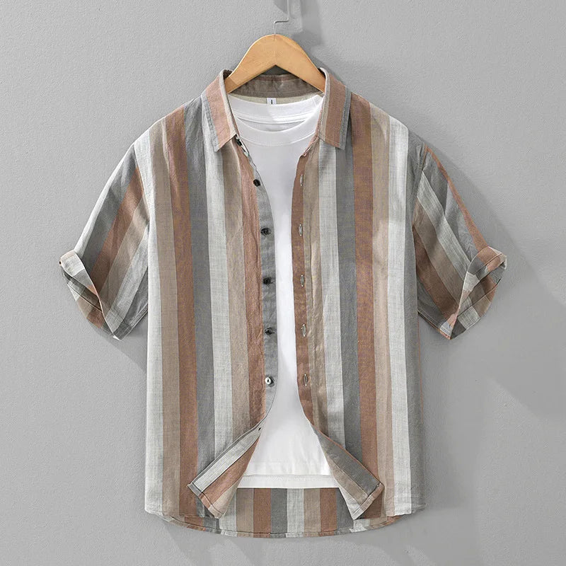 Summer New Linen and Lyocell Cooling Striped Half Sleeve Shirt for Men Casual Turn-down Collar Shirt  EC1292