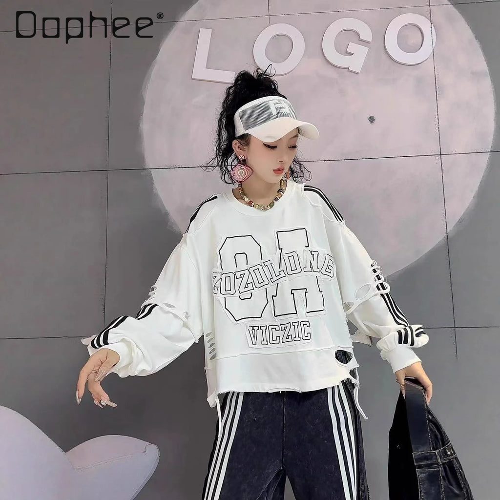 2025 Autumn New European Goods Sweatshirt Distressed Washed Letters Embroidery Patch Ripped Loose Casual Short Sweatshirt Women