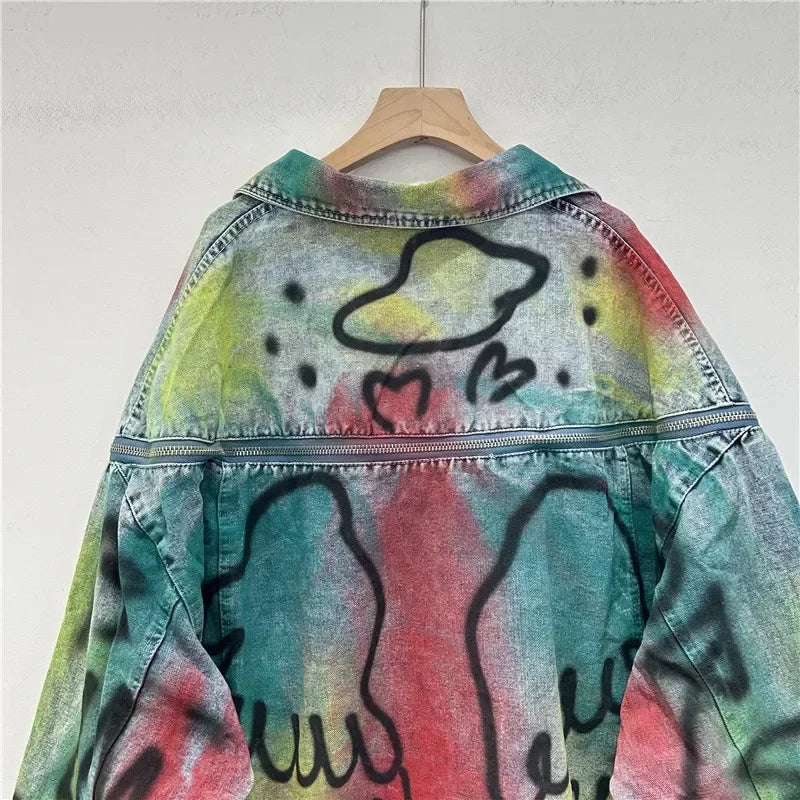 Hand-painted Graffiti Letter Print Denim Coat Zipper Decoration Women Loose Casual Lapel Long Sleeve Irregular Hem Jeans Jacket