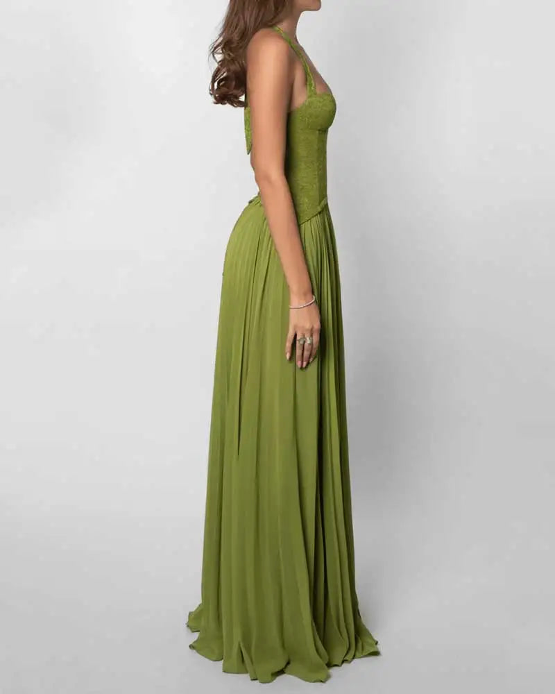 GACVGA Elegant Corset Halter Pleated Maxi Dress Women Back Lace-up Patchwork Slim Lady Gown Club Party Evening Long Dress