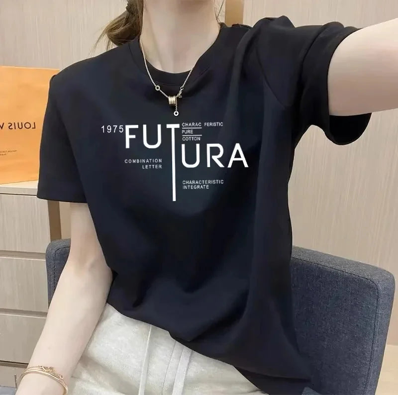 Women's Short Sleeve T-Shirt Pure Cotton Thin Summer Korean Style Loose Fit Shoulder round Neck Half Sleeve Ladies Top Versatile