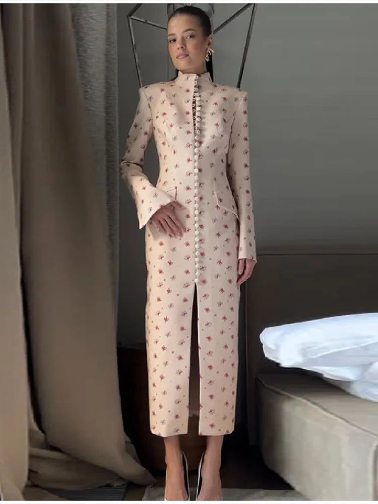 Trendy Floral Print High Neck Midi Dress For Women Chic Long Sleeve Button Front Sheath Dresses Office Party Commuting Clothes