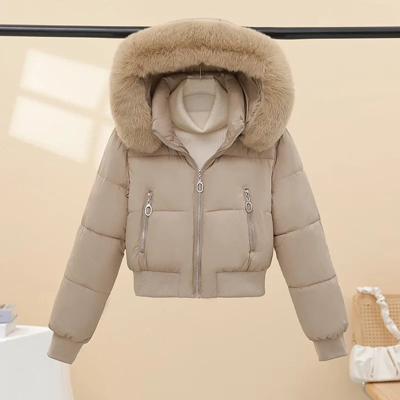 Winter Casual Versatile Cotton-Padded Jacket with Fur Collar Short Hooded Warm Coat New Style Women's Outdoor Puffer Jacket