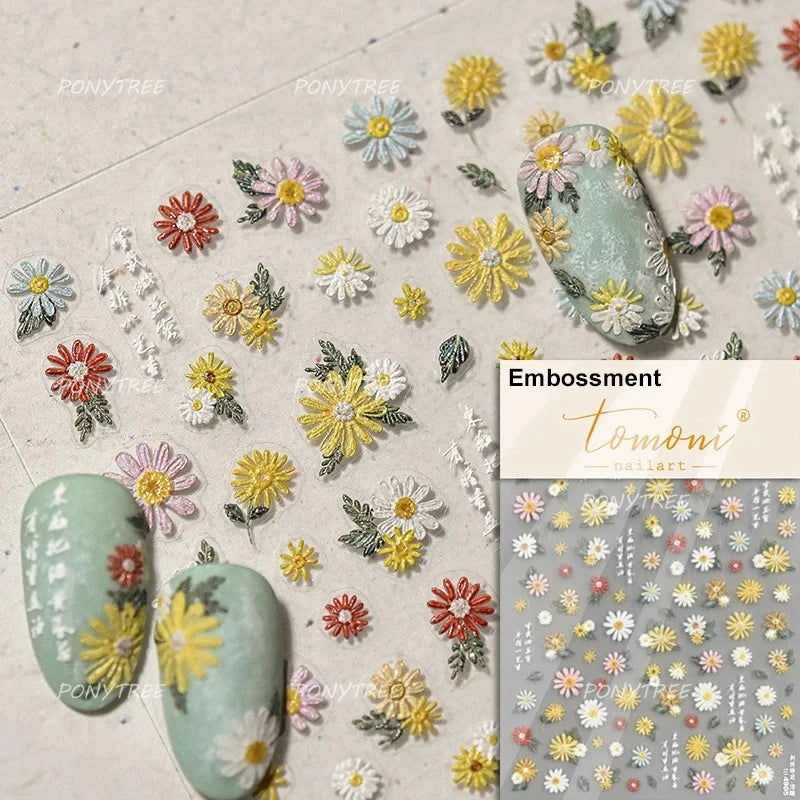 Gold Stamped Frame Oil Painting Style Sunflowers Metal Bead 3D Self Adhesive Nail Art Stickers Autumn Manicure Decals Wholesale