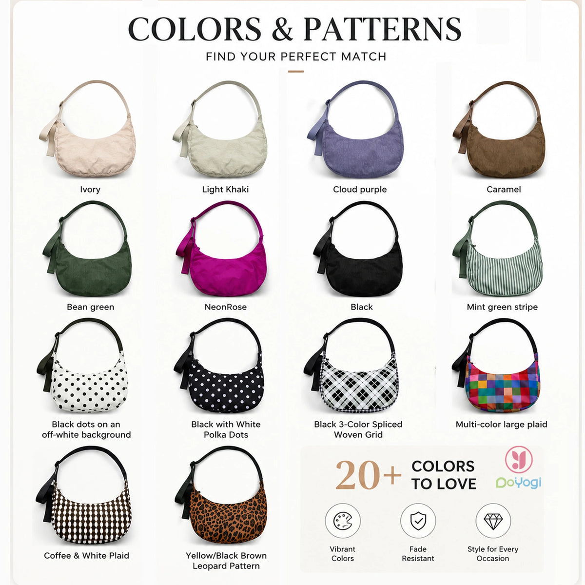 Nylon Medium Crescent Bag for Women Men,Crossbody Bag with Adjustable Strap&Dual Interior Zip Pocket Casual Daily Shoulder Bag