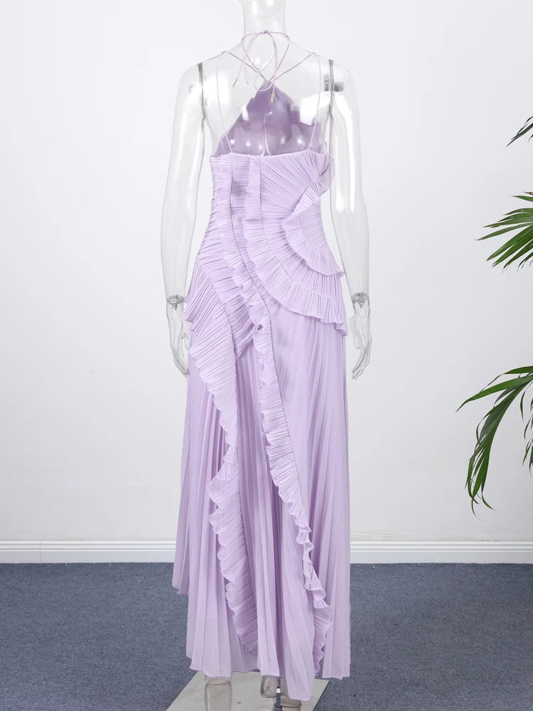 Bohemian Blue Pleated Halter Maxi Dress Women Gentle Sleeveless Asymmetric Ruffles Vestido Romantic Dinner Date Night Gowns 2026