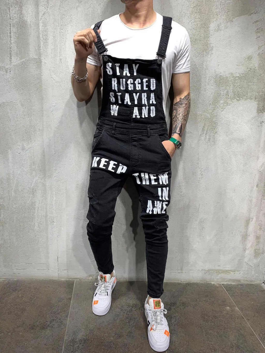 Men Suspenders Denim Jumpsuit Letters Denim Trousers Fashion Overalls Men's Ripped Denim Printed Jeans Men Streetwear