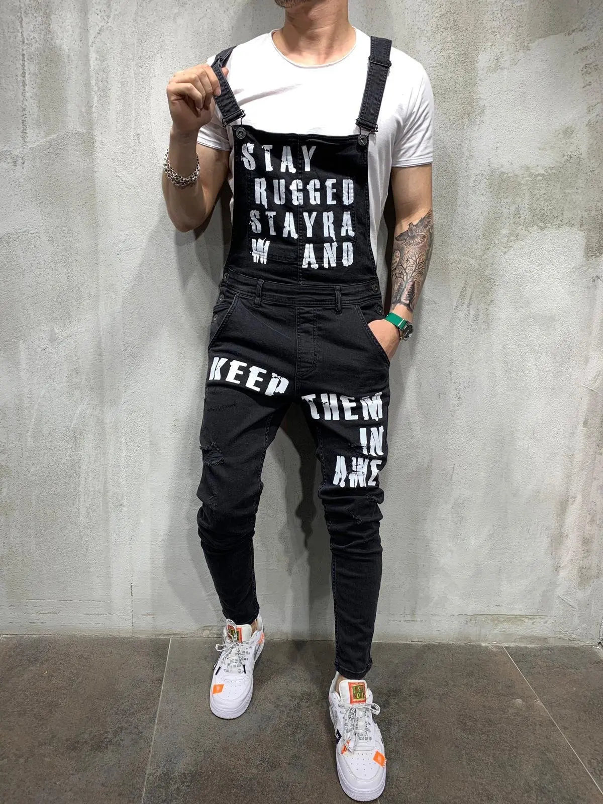 Men Suspenders Denim Jumpsuit Letters Denim Trousers Fashion Overalls Men's Ripped Denim Printed Jeans Men Streetwear