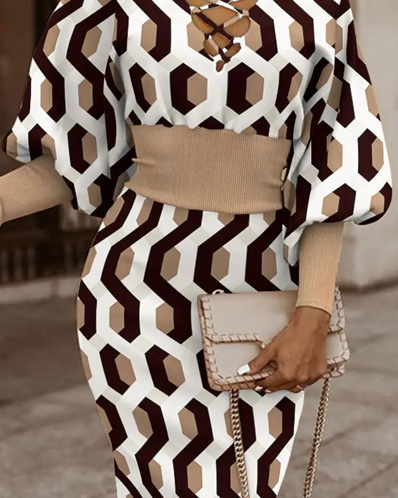 Elegant Women's Maze Printed Long Sleeved Slim Fit Dress 2024 Fashionable Woman Hollowed Out V-neck Cinched Party Club Vestiods