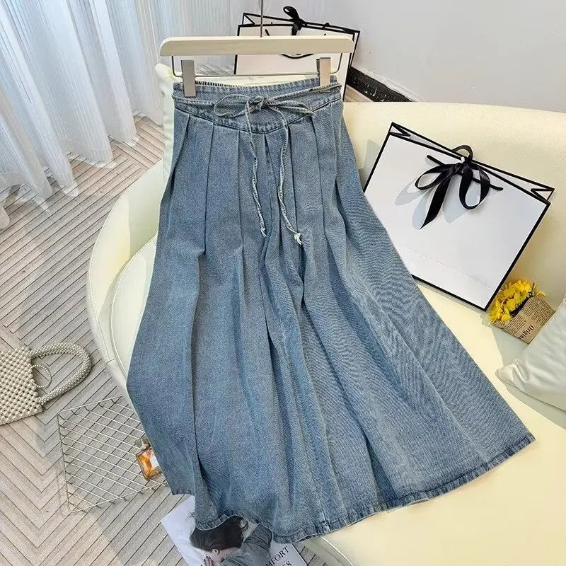 Denim Skirts Women Mid Length Skirt A Line High Waist Slim Fit Pleated Casual Elegant Splice Y2k Streetwear Work 2026 Spring