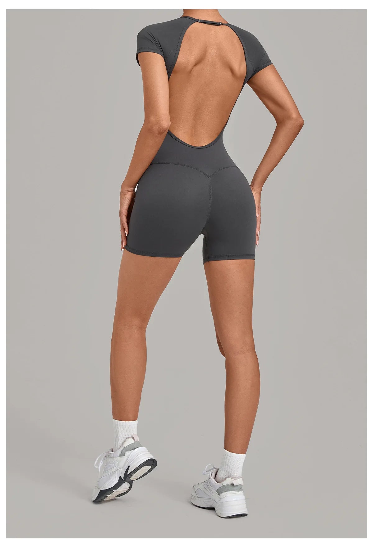 Women Short Sleeve Open Back Yoga Bodysuit Squat Proof Short Jumpsuit Gym Pilates Running Workout Fitness Sport Activewear