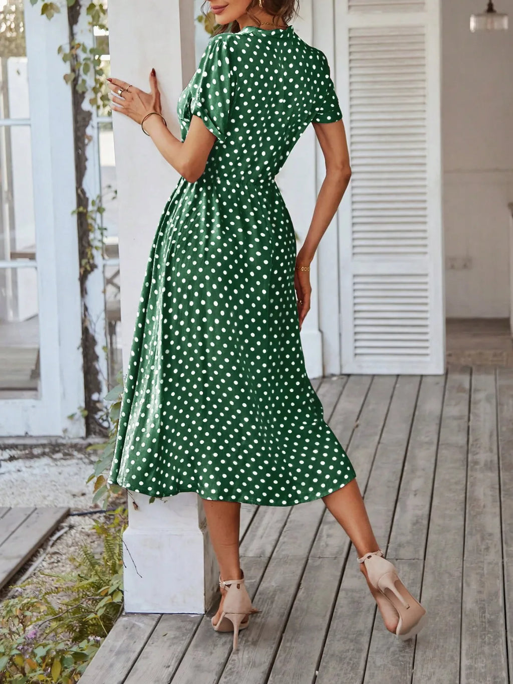 Elegant retro polka dot dress Women's Summer Midi Dress V Neck Single Breasted Short Sleeve Dresses Fashion Print Dress