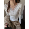 Sexy V-Neck Long Sleeve T-Shirt Women Fashion Lace Patchwork Solid Color Bottoming Shirt Spring Autumn Stretch Slimming Base Tee