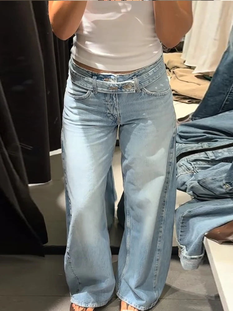 2026 Spring Low Waist Pleated Wide Leg Jeans Light Wash Raw Edge Double Waistband Casual Women Pants Trendy Y2K Lady Trousers