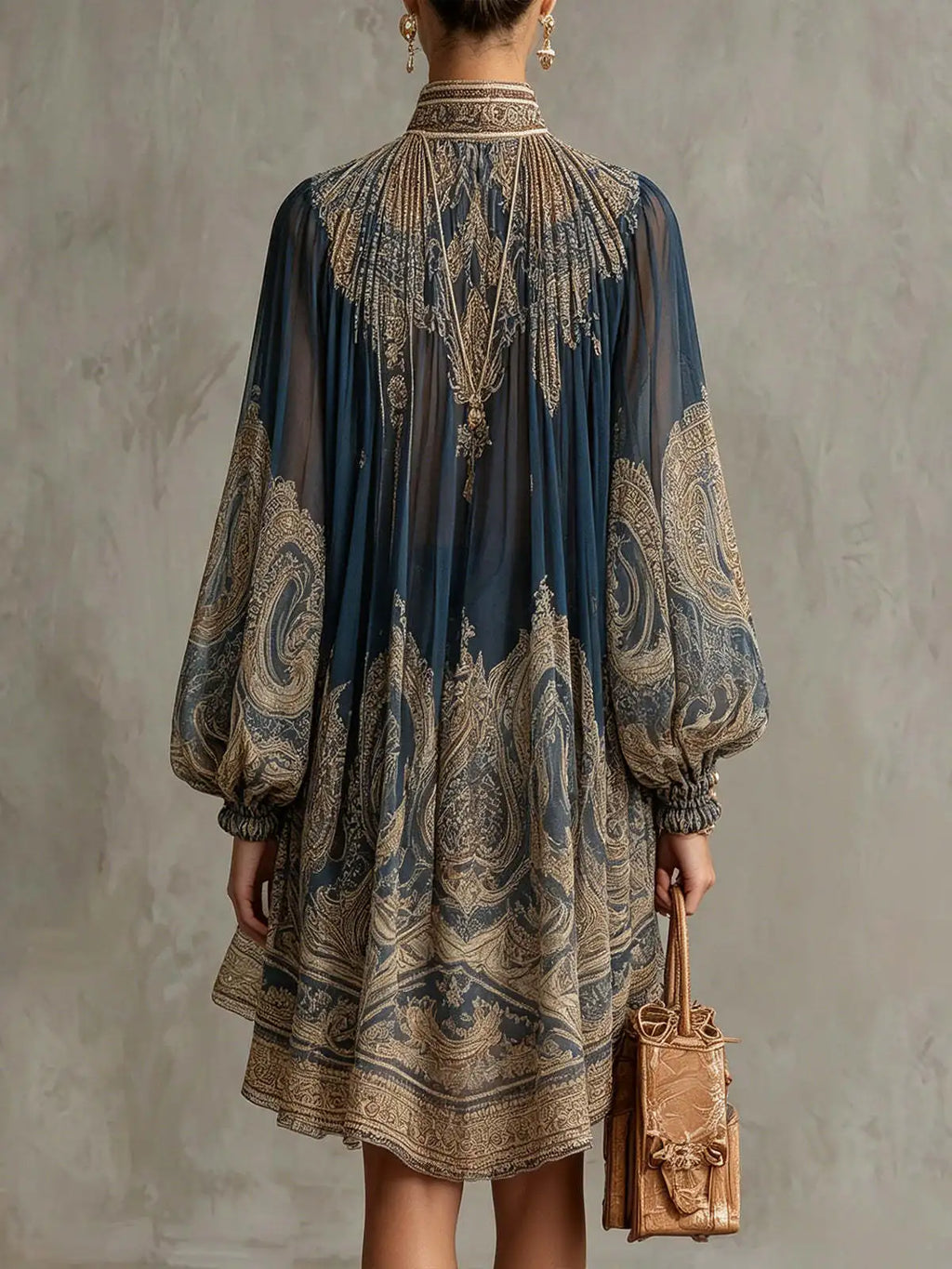 2026 New European and American Turtleneck Printed Chiffon Dress Loose Vacation Style Shawl Long-Sleeved Women's Dress