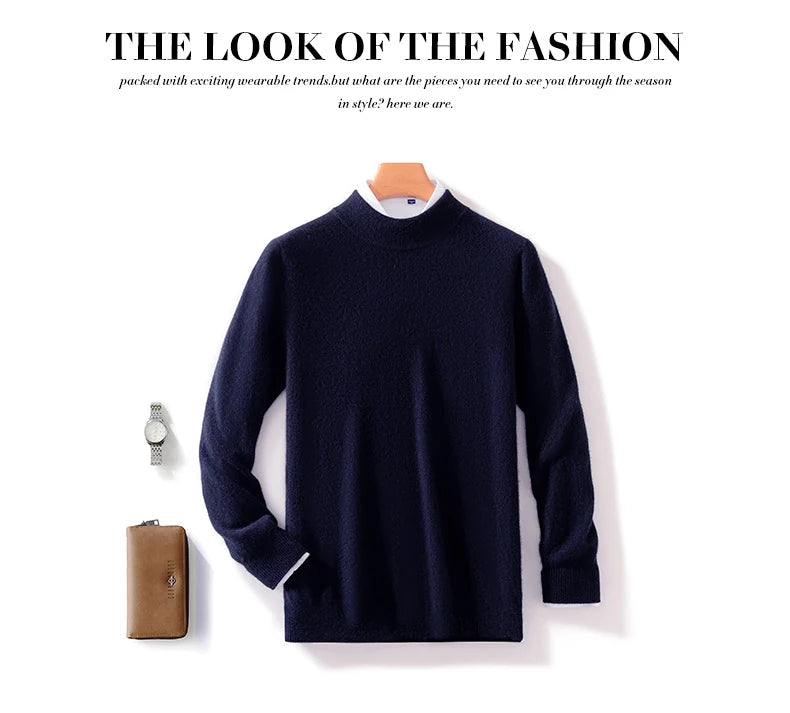 Autumn and Winter Half-high Neck 100% Pure Wool Men's Long Sleeve Leisure Sweater Knitwear